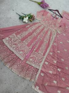 Indian Pakistani Style Crunchy Silk Embroidery Gown Set Traditional Wedding Wear Floor-Length Dupatta Set For Women - Product Image 4