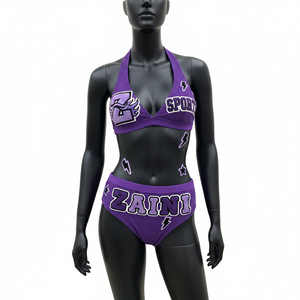 Conjunto de Bikini para Mujer, Tejido Texturizado Premium de Poliéster y Spandex, Color Morado, Estilo Halter, con Parche de Chenilla - Product Image 6