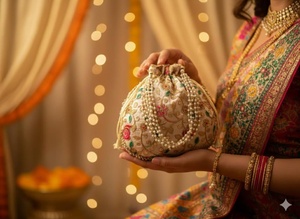 Sac Potli artisanal de luxe avec broderie et décoration perlée, travail de couture pour femmes, tenue traditionnelle, trousseau de mariée - Product Image 5