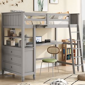 Letto a soppalco in legno per bambini, singolo, con cassetti, scrivania e mensole, colore grigio (Vecchio SKU LT001530AAE) - Product Image 1