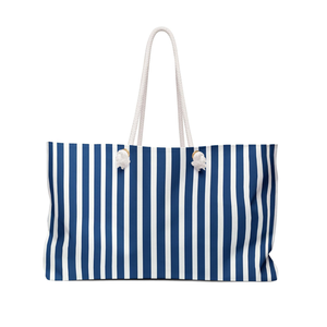 Navy White Vertical Stripes Weekender <b>Bag</b> Nautical <b>Beach</b> Tote <b>Large</b> Capacity Coastal Travel Overnight Carryall Womens Handbag - Product Image 1