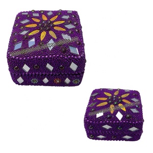 Sequins <b>Mirror</b> and Stone Pattern Square Kumkum Vermillion <b>Box</b> With Lid Made of Iron for Women - Product Image 1