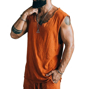 Wholesale Custom Men's Deep Scoop Neck Soft Cotton Muscle Tank Top Raw Edge Dropped Armhole Fitness Gym Wear Tank Tops For Men - Product Image 5