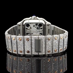 Montre-bracelet de luxe pour homme, cadran squelette carré, entièrement pavée de diamants, montre mécanique de mode en or rose avec lunette sertie de diamants - Product Image 4