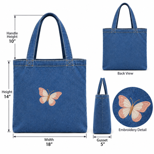 กระเป๋าโท้ทผ้าเดนิมลายผีเสื้อสีน้ำเงินแบบเปิดด้านบนพร้อมหูหิ้ว - Product Image 2