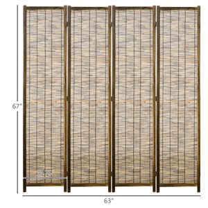 4-Panel Hand Woven Brown Indoor Reed Partition <b>Wall</b> 63"x67"x0.75" Folding Privacy <b>Screen</b> Room Divider - Product Image 3