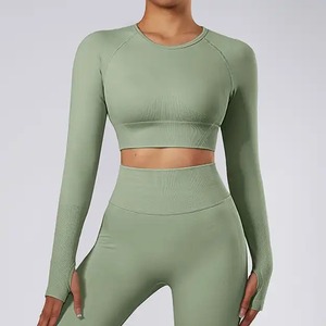Ropa deportiva sin costuras para mujer, Conjunto de sujetador Fitness deportivo para, camisetas de manga larga, mallas para glúteos, ropa deportiva transpirable, Yoga de talla grande - Product Image 2
