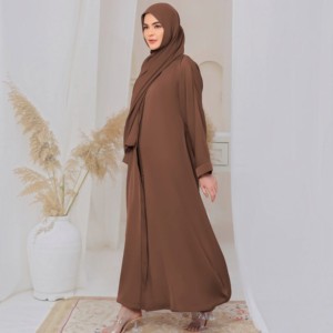 Brown Abaya <b>Long</b> Sleeve Floor Length Modest <b>Dress</b> <b>For</b> Women Solid Polyester Middle East Daily Wear Loose Fit High Neck - Product Image 6