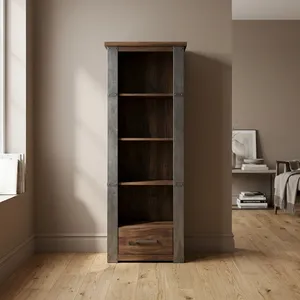 Estantería Industrial de Madera Maciza con 1 Cajón, Estante Abierto Rústico, Estructura de Hierro y Metal, Mueble de Almacenamiento - Product Image 1