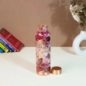 Bouteille d'eau en cuivre design, motif floral artistique, matériau en cuivre, impression Meena, couleur rose, finition brillante, taille 25,3 cm de hauteur - Product Image 3