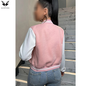 2026 Pink White Varsity <b>Jackets</b> Women Full Sleeve Turn Down Collar Button Closure Autumn Wear Solid Color Short Length - Product Image 2