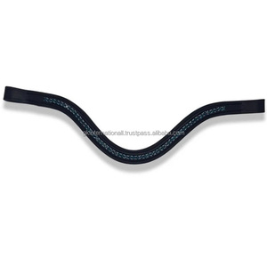 Cuir anglais noir forme incurvée profonde canal vide bande de front de cheval en cuir rembourré personnalisée avec des cristaux de verre ronds à 1 rangée - Product Image 2
