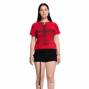 Women's <b>Red</b> Dip Dye <b>Crop</b> <b>Top</b> Short Sleeve O-Neck Knitted Breathable Casual T-Shirt Spring Summer Style - Product Image 2