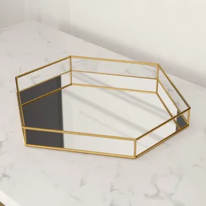 Luxury Hexagon <b>Gold</b> Metal <b>Mirror</b> Serving <b>Tray</b> Geometric Decorative Platter for Coffee Table Wedding and Home Decor - Product Image 2