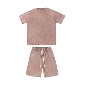 Ensemble de vêtements décontractés pour homme en coton gris minéral, 2 pièces, 280 g/m², coupe ample, manches courtes, look vintage d'été - Product Image 4