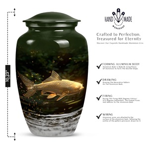Black Cremation <b>Urn</b> with Golden Fish Design for Adult Human Ashes Classic <b>Large</b> Aluminium <b>Urn</b> For Funeral Adult Ashes - Product Image 3
