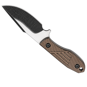 Cuchillos de hoja fija con mango marrón bronce, hoja ranurada plateada y negra, agarre texturizado y funda negra para cinturón, para camping y uso general. - Product Image 1