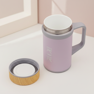 Mug isotherme en acier inoxydable à double paroi de 500 ml, couleur violette, avec revêtement en porcelaine et couvercle en bois, garde au chaud/au froid pendant 4-6/8-10 heures, pour la maison ou le bureau - Product Image 1