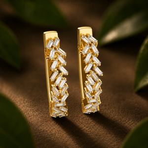 Art Deco Baguette Cluster Huggie <b>Hoop</b> <b>Earrings</b> Lab Grown Diamond E VVS VS 14K 18K <b>Solid</b> Gold Fine Engagement Jewelry For Women's - Product Image 3