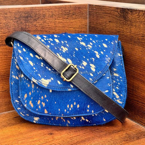กระเป๋าถือสะพายข้างหนังแท้แฟชั่นสไตล์ตะวันตกสำหรับผู้หญิงกระเป๋าสะพายไหล่สีฟ้าเมทัลลิกสีทองพิมพ์ลายหนังไนล่อน - Product Image 3
