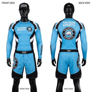 Conjunto premium de rashguard de poliéster y spandex de 220 GSM para BJJ y pantalones cortos de 240 GSM con panel de camuflaje gris, estampado por sublimación y logotipo personalizado. - Product Image 3