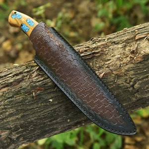 Cuchillo de Caza y Camping de Acero de Damasco Forjado a Mano con Hoja Fija, Mango de Madera de Olivo y Turquesa, Espiga Completa, Cuchillo Personalizado OEM/ODM - Product Image 2