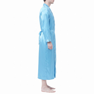 Robe de nuit en satin pour hommes, manches longues, poches, décontractée, 100% soie, tissu lisse, confortable, respirante, tenue de printemps, robe de nuit pour hommes - Product Image 3