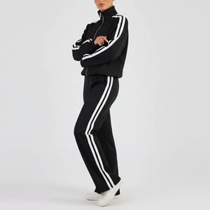 Vêtements décontractés d'hiver, couleur unie, bandes latérales, 100% coton, ensemble de survêtement zippé pour femmes, 2 pièces, dentelle brodée - Product Image 5