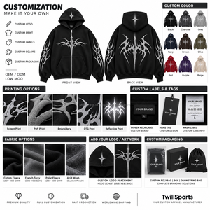 Sweat à capuche zippé personnalisé avec logo, effet délavé, noir, motif géométrique vintage, coton 350 g/m², hiver, poche avant, coupe classique, homme, service OEM - Product Image 5