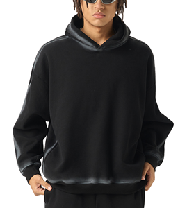 เสื้อฮู้ดดี้ฟลีซโอเวอร์ไซส์สีดำสำหรับผู้ชาย ขอบสีซีดแบบซันเฟด แขนยาวทรงปกติ สีพื้น ผ้าทอ สไตล์สตรีทแวร์ สำหรับฤดูหนาว ผ้าฝ้าย 100% น้ำหนัก 360 กรัม - Product Image 3