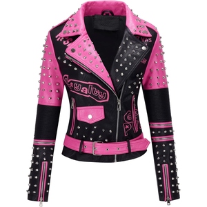 Pink Black Studded PU Leather <b>Biker</b> <b>Jacket</b> Asymmetric Zip Spiked Motorcycle <b>Jacket</b> for Women Streetwear - Product Image 1