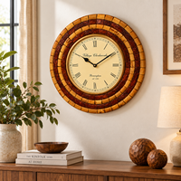 Jam Dinding Kayu Mekanik Buatan Tangan 16 Inci Gaya Bambu Rustic Jam Bulat dengan Dial Angka Romawi untuk Ruang Tamu