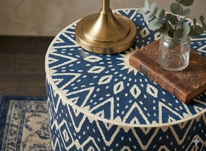 Blue Patterned Side <b>Table</b> Round End <b>Table</b> Farmhouse Accent <b>Table</b> for Bedroom Living Room Hotel Entry - Product Image 2