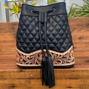 New Hand Tooled Quilted Leather <b>Women</b> Crossbody Bucket <b>Bags</b> High Quality Cowhide Leather Designer Tassel Drawstring Shoulder <b>Bag</b> - Product Image 4