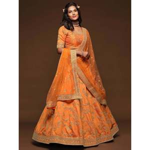 Lehenga Choli de boda de seda superior con arte de bordado de hilo naranja para ocasiones de boda - Product Image 4