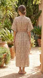 ชุดเดรสผ้าฝ้ายพิมพ์ลายดอกไม้สีชมพูแบบแฮนด์บล็อกพร้อมเชือกรูดที่เอว - Product Image 6