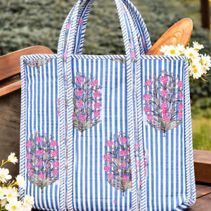 กระเป๋าช้อปปิ้งชายหาดผ้าฝ้ายลายดอกไม้รักษ์โลก น้ำหนักเบา ทำมือ พิมพ์ลายบล็อก  แบบเย็บติดกัน พร้อมช่องใส่ของด้านใน - Product Image 1