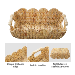 Premium Scalloped Water Hyacinth Storage Basket With Wooden Handles, Handwoven Decorative Organizer Box Wholesale From Vietnam - Product Image 3