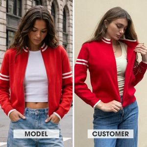Chaqueta bomber roja de punto para mujer, estilo varsity, con cuello y mangas a rayas, cierre de cremallera, informal, directo de fábrica, fabricante OEM - Product Image 2