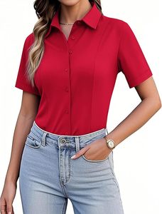 Camisa de Manga Corta Azul Claro para Mujer, Corte Entallado, Color Sólido, Cuello Camisero, Blusa de Oficina para Primavera/Verano - Product Image 2