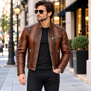 Veste de motard en cuir de serpent marron pour homme |   Veste en cuir véritable à fermeture éclair avec détails embossés et doublure respirante | - Product Image 5