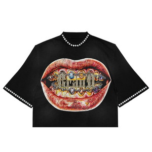 T-shirt personnalisé vintage délavé à l'acide 100% coton épais coupe ample impression DTG pierres précieuses strass court pour homme - Product Image 1