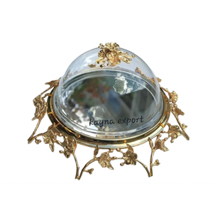 MOST SELLING LUXURY DECORATIVE LEAF DESIGN GOLD METAL ECO-FRIENDLY CE CERTIFIED CAKE STAND with HAMMERED <b>GLASS</b> <b>DOME</b> - Product Image 3