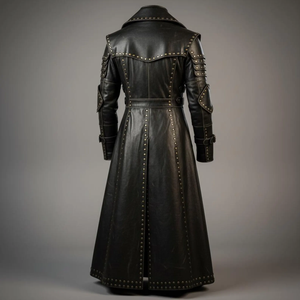 Manteau long en cuir véritable noir, double boutonnage, décoré de rivets, imperméable, écologique, coupe-vent, vêtement d'extérieur d'hiver complet - Product Image 5