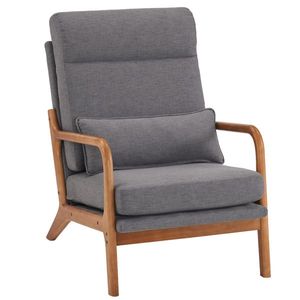 Poltrona Relax da Interno in Legno Massello con Schienale Alto e Struttura in Ferro, Rivestimento in Lino Grigio Scuro, Reclinabile Manualmente per Soggiorno - Product Image 1
