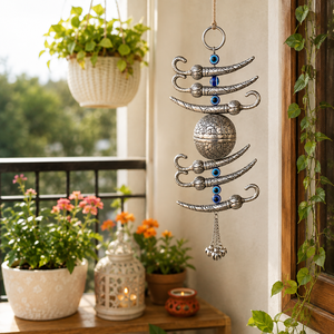 Décoration de porte principale en argent allemand avec pendentif Nimbu Mirchi, perles anti-mal et clochettes décoratives pour l'entrée de la maison - Product Image 3