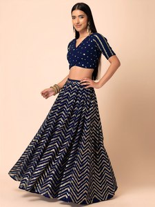 Lehenga Choli Azul Moderno, Corte en A, de Georgette Sintética, Largo hasta el Suelo, con Bordado de Lentejuelas, para Vestido Étnico de Boda para Mujer - Product Image 3