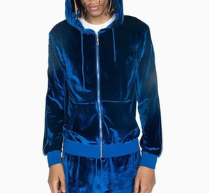 Men Blue Velvet Tracksuit Full Zip Hooded <b>Jacket</b> and Jogger Pants Casual Two Piece Set Solid Color Breathable Polyester Autumn - Product Image 3