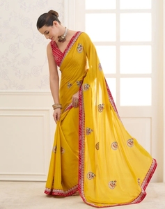 KV Women's Embroidered Wrinkle-Free Reversible Autumn Bollywood Georgette Floral Print <b>Saree</b> with Unstitched Blouse (<b>Yellow</b>) - Product Image 3