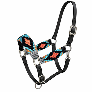 Cabestro de nailon occidental para caballo con narigueña y corona ajustables con cuentas turquesa y naranja - Product Image 1